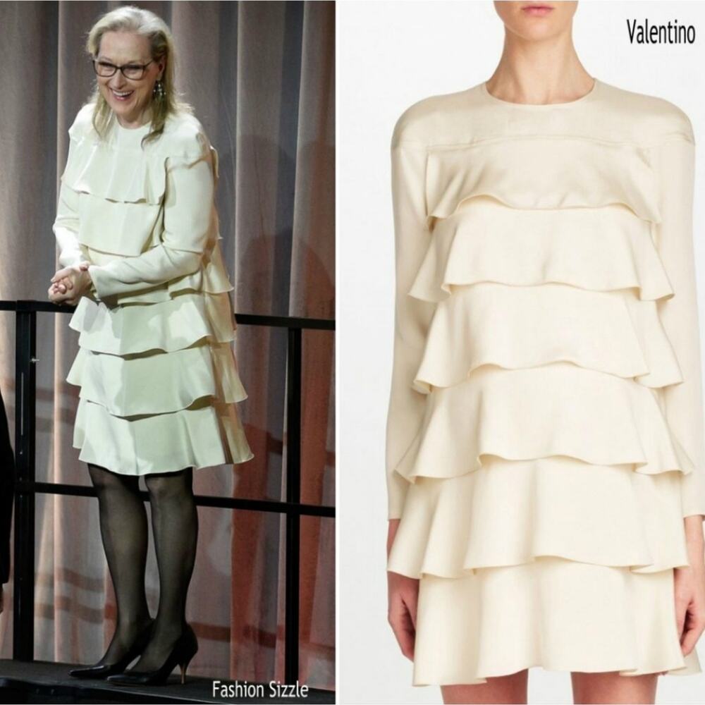 Valentino FLAWED 100% Silk Tiered Ruffle Ivory White Long Sleeve Mini Dress 6
